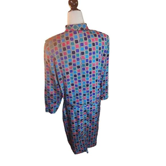 1980s Pussycat Bow Front Shift Dress Silky Satin Polyester Geometic Print Neon B - Picture 4 of 5